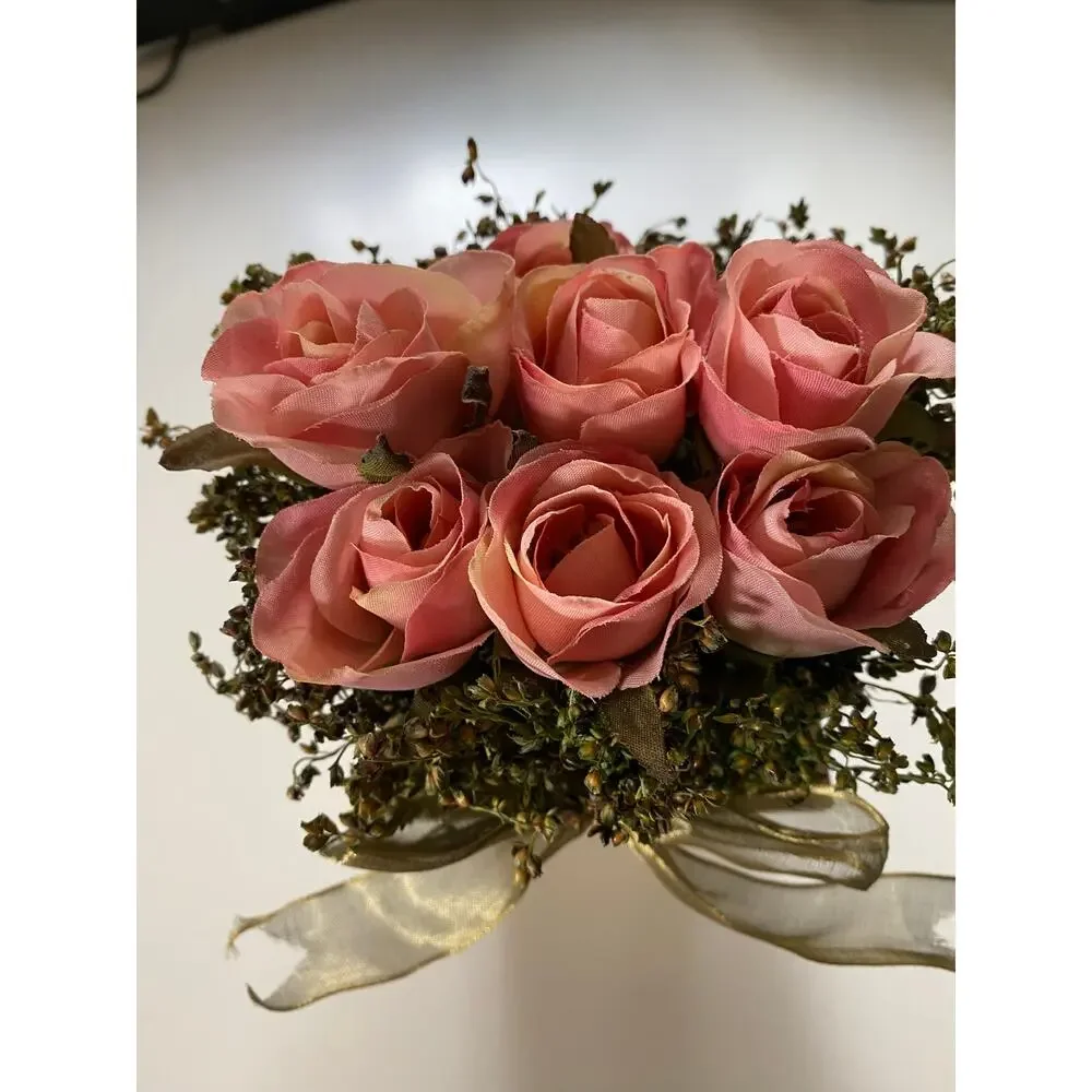 Petite Urn with 9 Pink Mini Rose Fabric‎ Flowers & Greenery Organza Ribbon